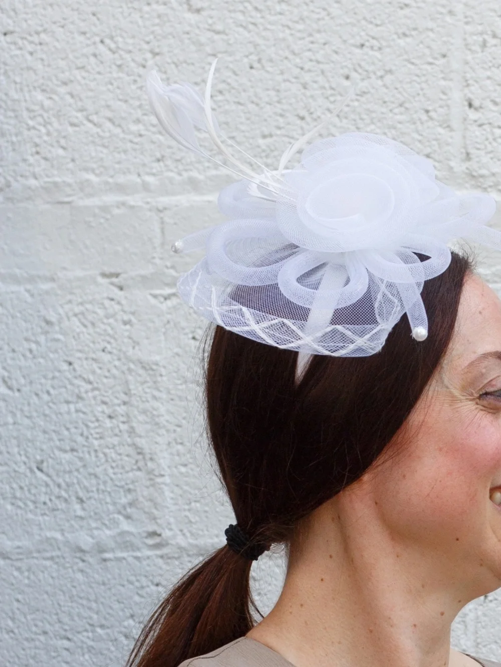 Nathalie Loma Ivory Tulle Fascinator with Feathers & Mesh